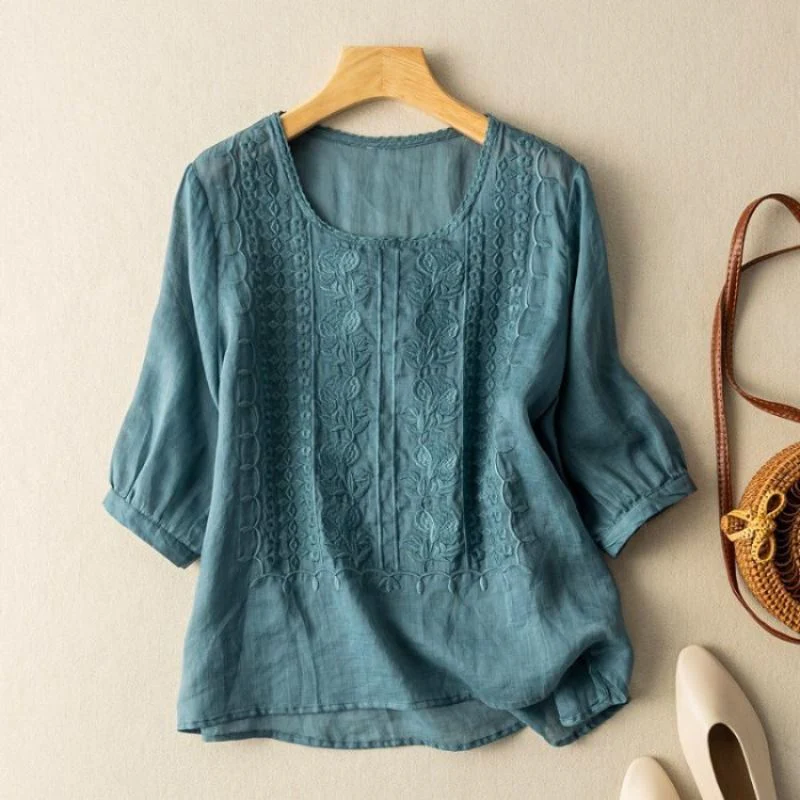 Sienna Relaxed Fit Blouse | Embroidered Puff Sleeve Blouse