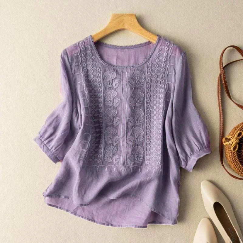 Sienna Relaxed Fit Blouse | Embroidered Puff Sleeve Blouse - Image 2