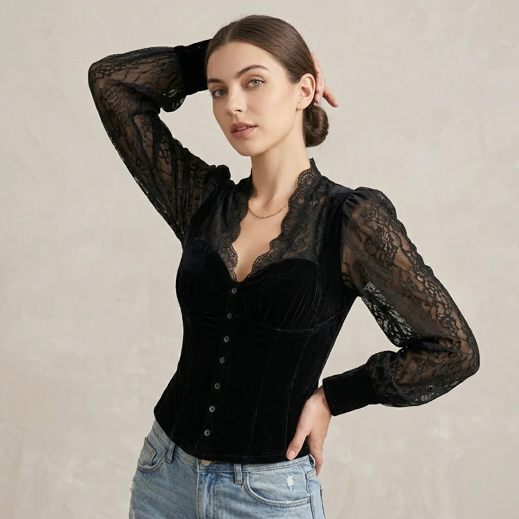 Sienna Slim Fit Blouse | Lace Trim Button Front Blouse - Image 2
