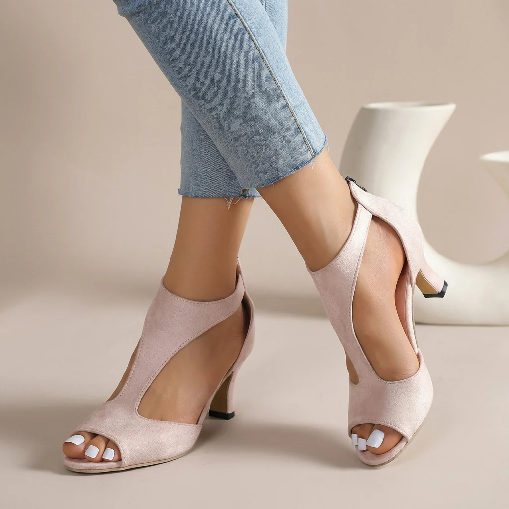 Sienna Slingback Peep-Toe Heels | Block Heel Zipper Closure Heels