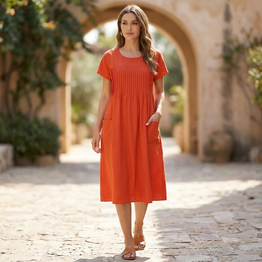 Sofia A-Line Dress | Pleated Patch Pockets Dress - Image 2