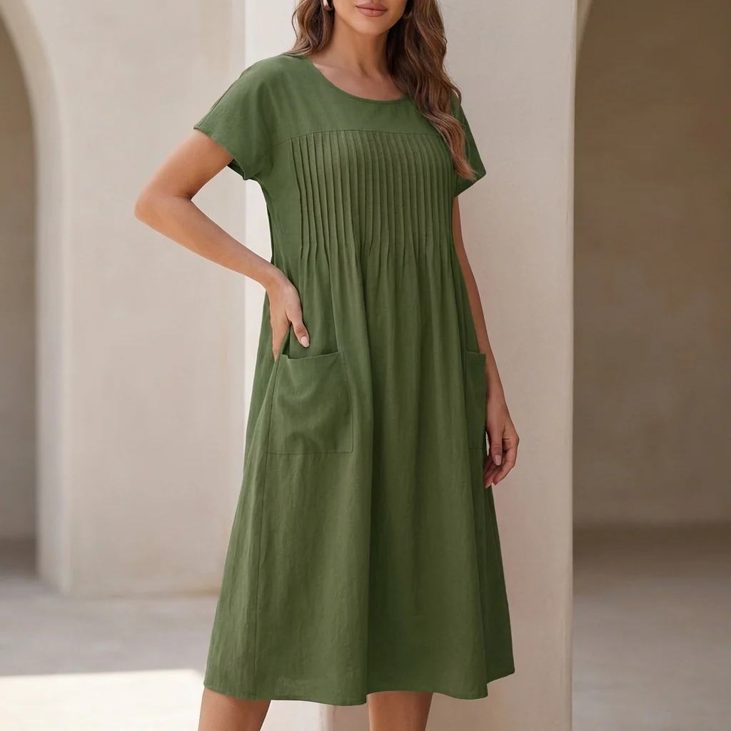 Sofia A-Line Dress | Pleated Patch Pockets Dress - Image 3