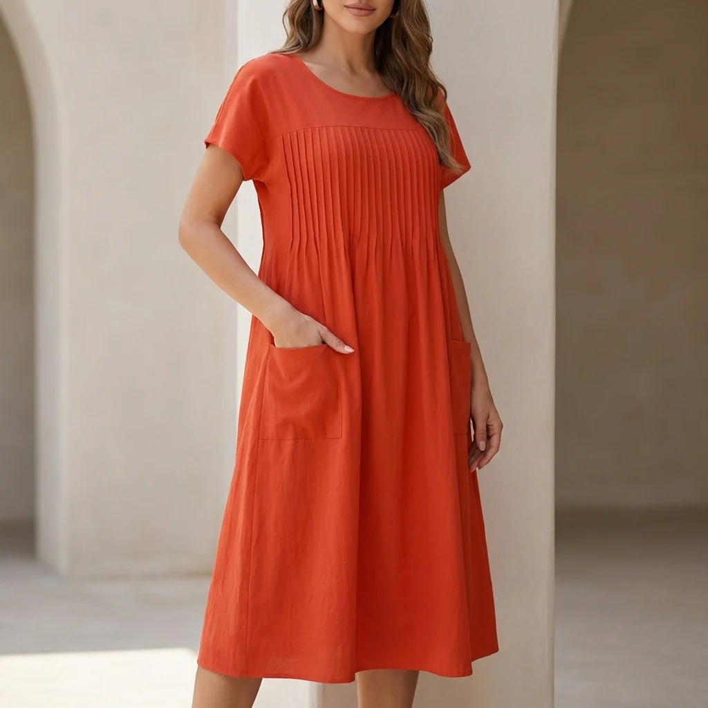 Sofia A-Line Dress | Pleated Patch Pockets Dress - Image 4