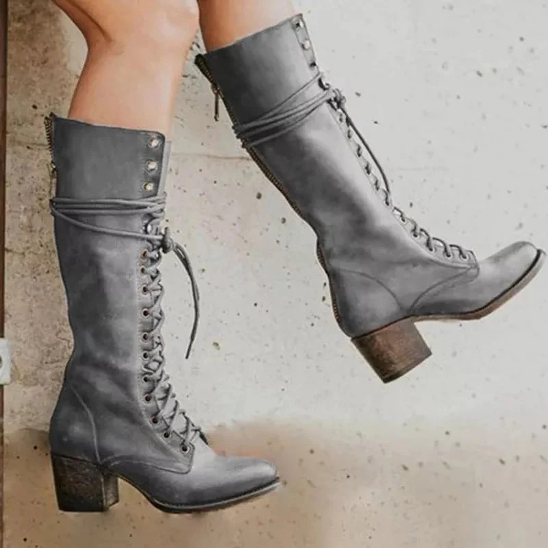 Sophia Lace-Up Knee-High Boots | Block Heel Knee-High Boots - Image 2