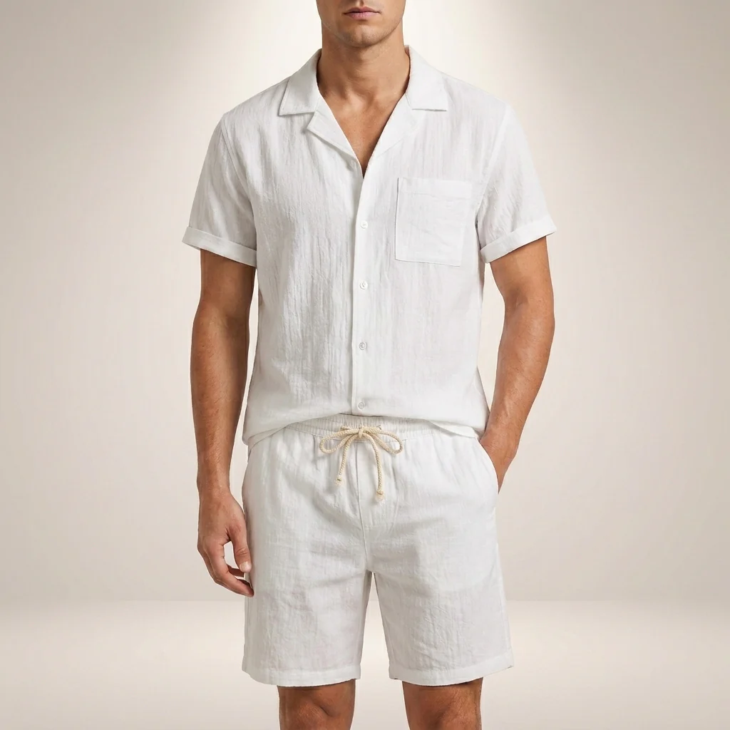 Theo Relaxed Fit Short Sleeve Shirt and Drawstring Shorts Two-Piece Set | Solid Casual Menswear - Image 4