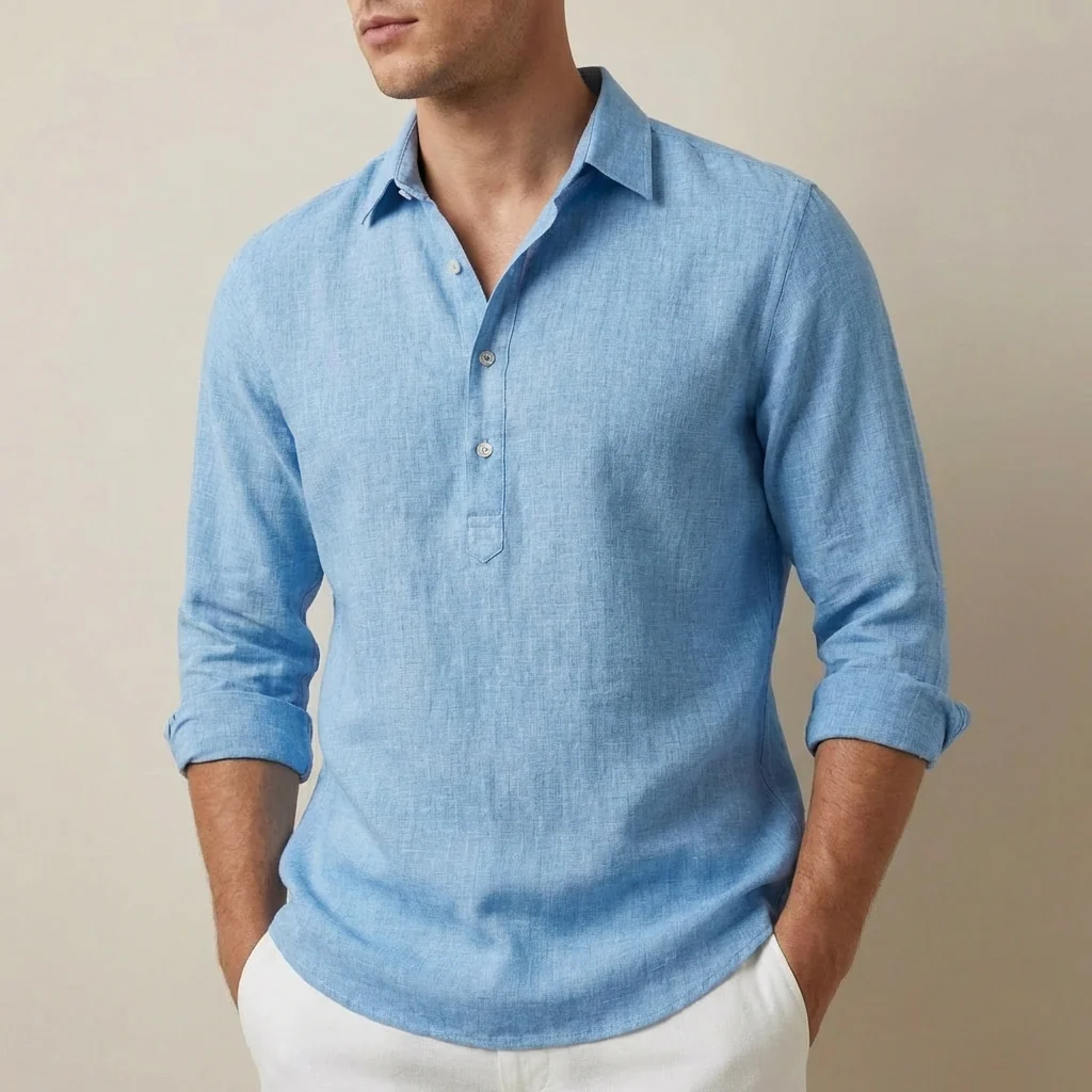 Theodore Relaxed Fit Henley Shirt | Collared Hip-Length Shirt - Image 3