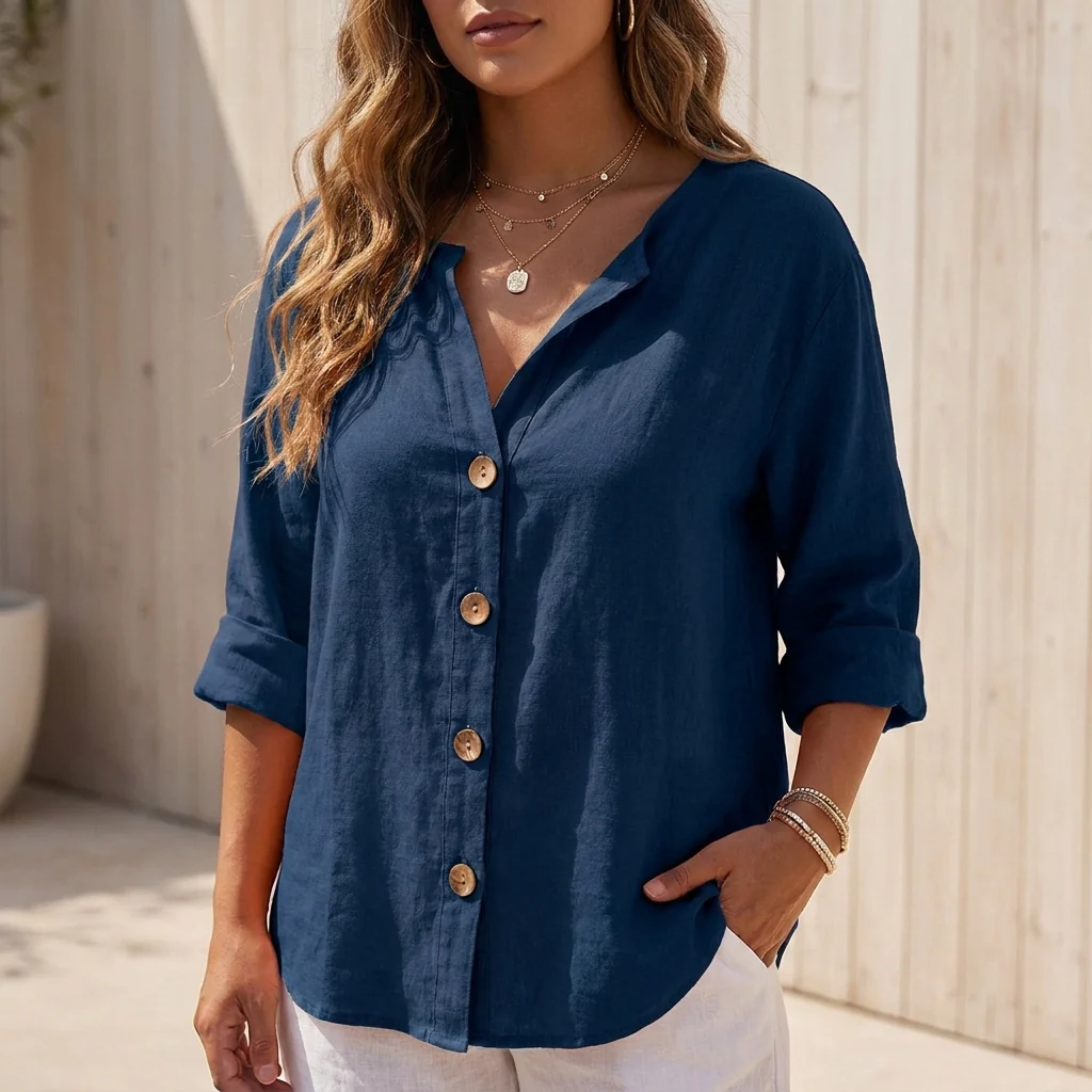 Valentina Loose Fit Button-Front Shirt | V-Neck Three-Quarter Sleeve Shirt - Image 5