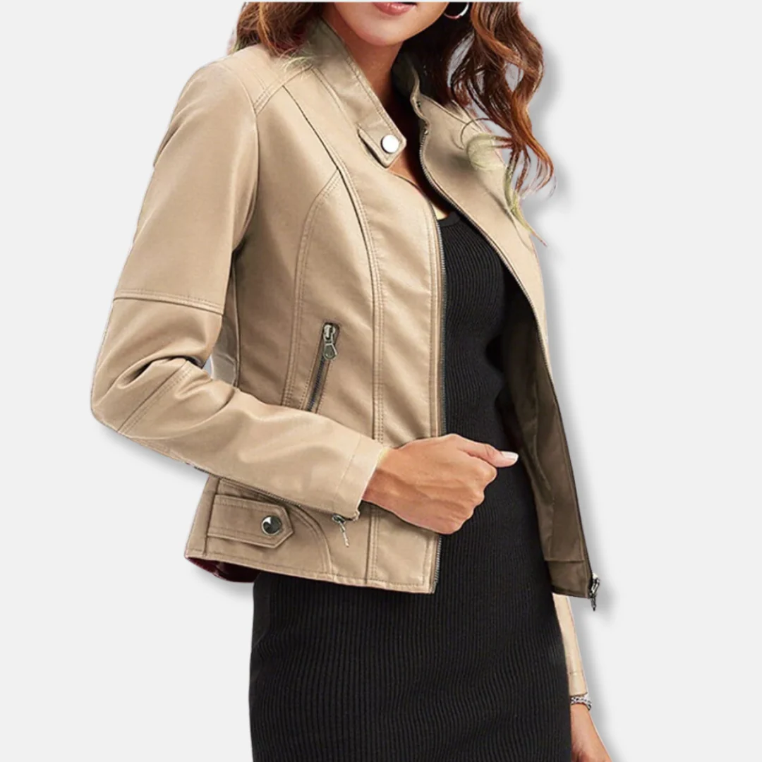 Women’s Biker Jacket – Tailored Fit – Stand Collar – Zipped Pockets – Waist Length - Image 10