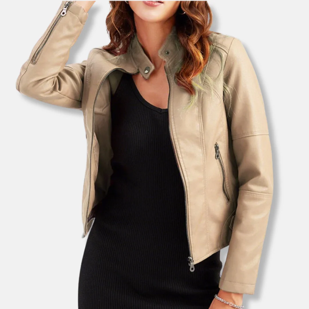 Women’s Biker Jacket – Tailored Fit – Stand Collar – Zipped Pockets – Waist Length - Image 11