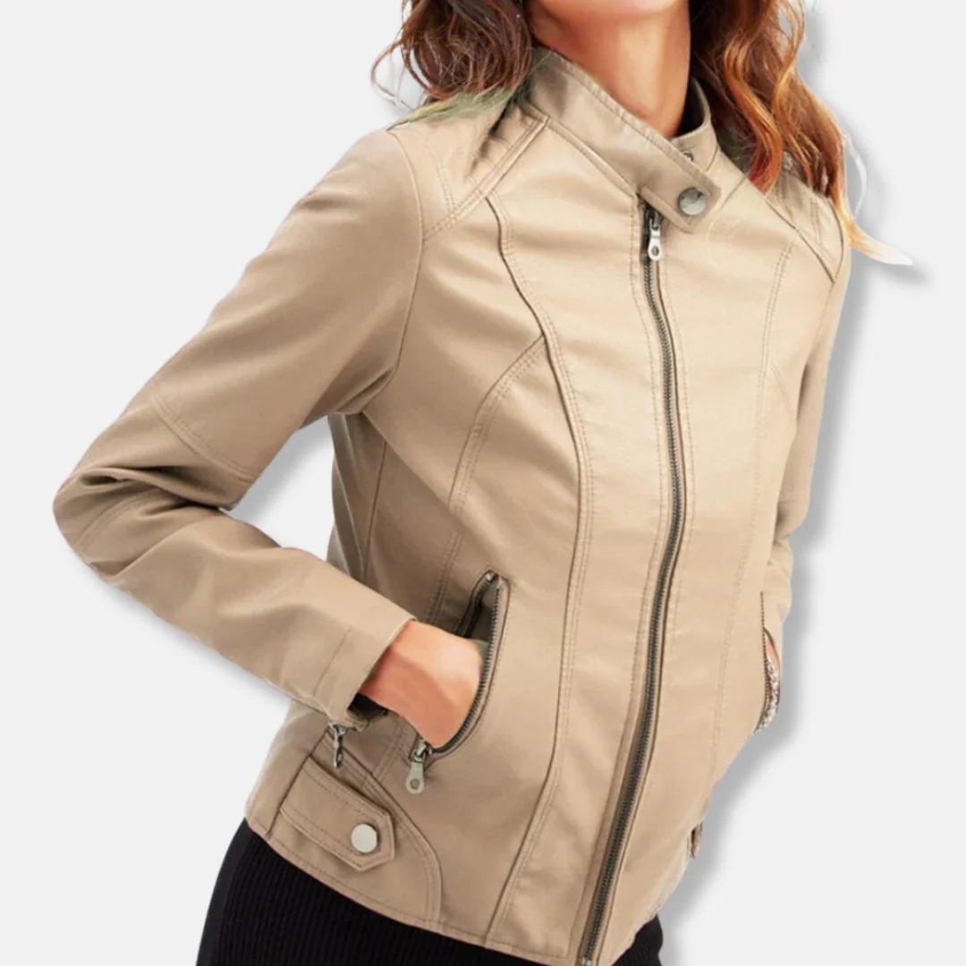 Women’s Biker Jacket – Tailored Fit – Stand Collar – Zipped Pockets – Waist Length - Image 12