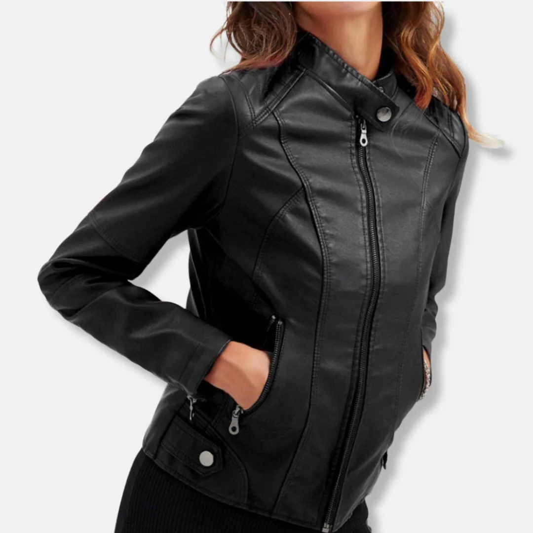 Women’s Biker Jacket – Tailored Fit – Stand Collar – Zipped Pockets – Waist Length - Image 13