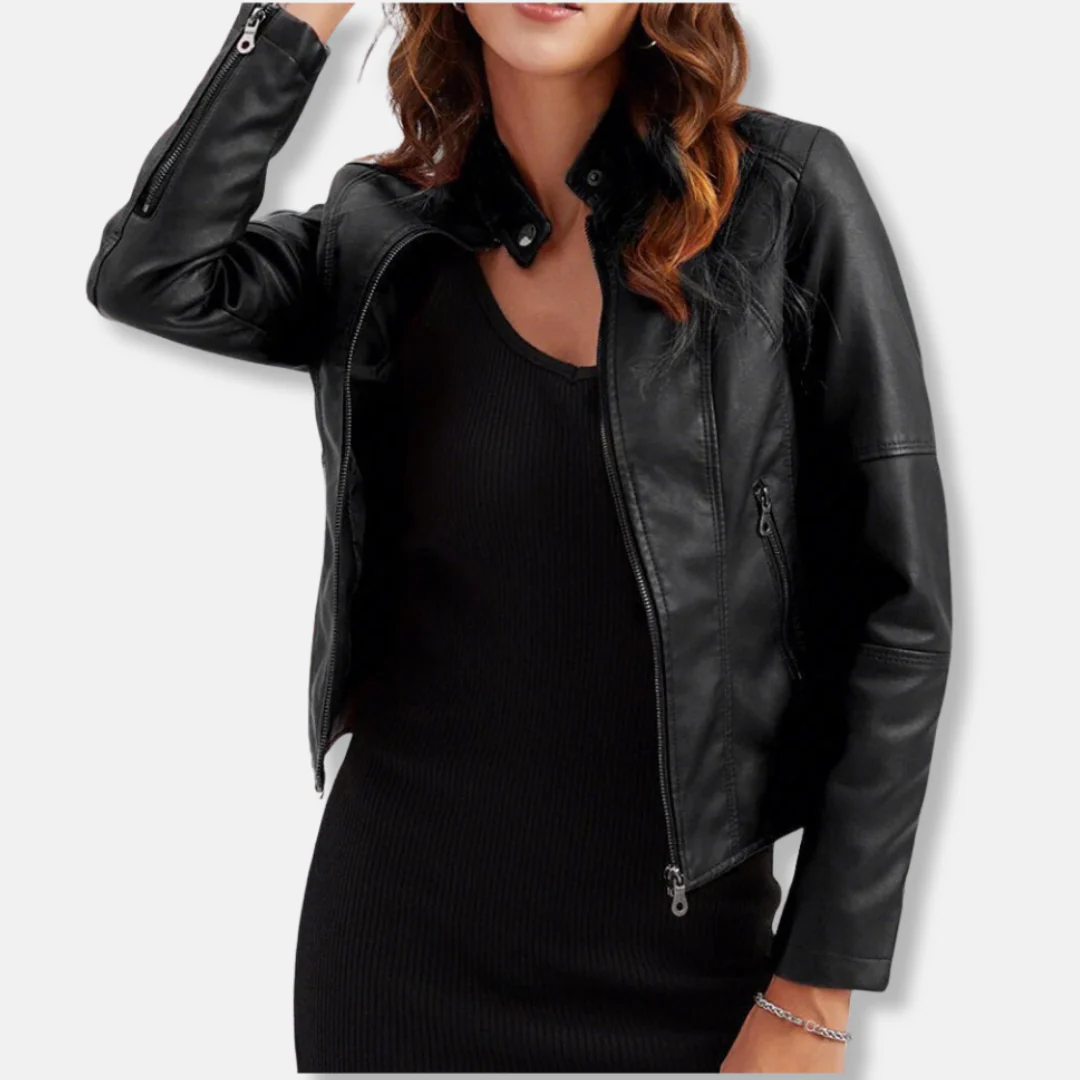 Women’s Biker Jacket – Tailored Fit – Stand Collar – Zipped Pockets – Waist Length - Image 14
