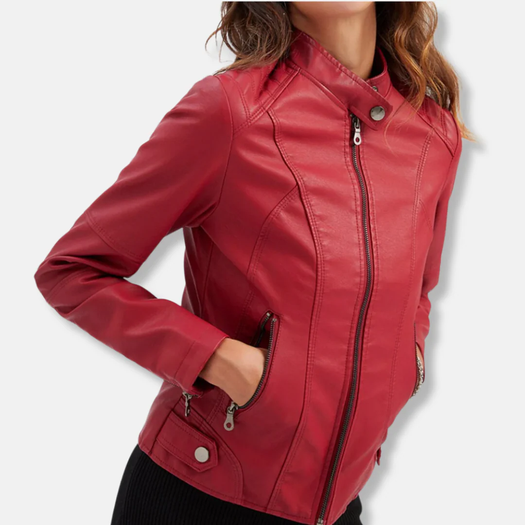 Women’s Biker Jacket – Tailored Fit – Stand Collar – Zipped Pockets – Waist Length - Image 3