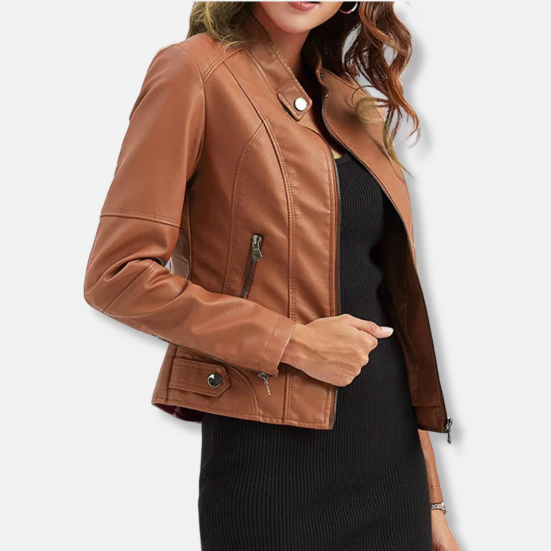 Women’s Biker Jacket – Tailored Fit – Stand Collar – Zipped Pockets – Waist Length - Image 4