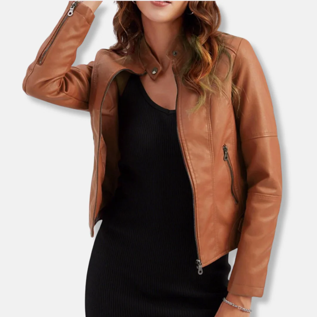 Women’s Biker Jacket – Tailored Fit – Stand Collar – Zipped Pockets – Waist Length - Image 5