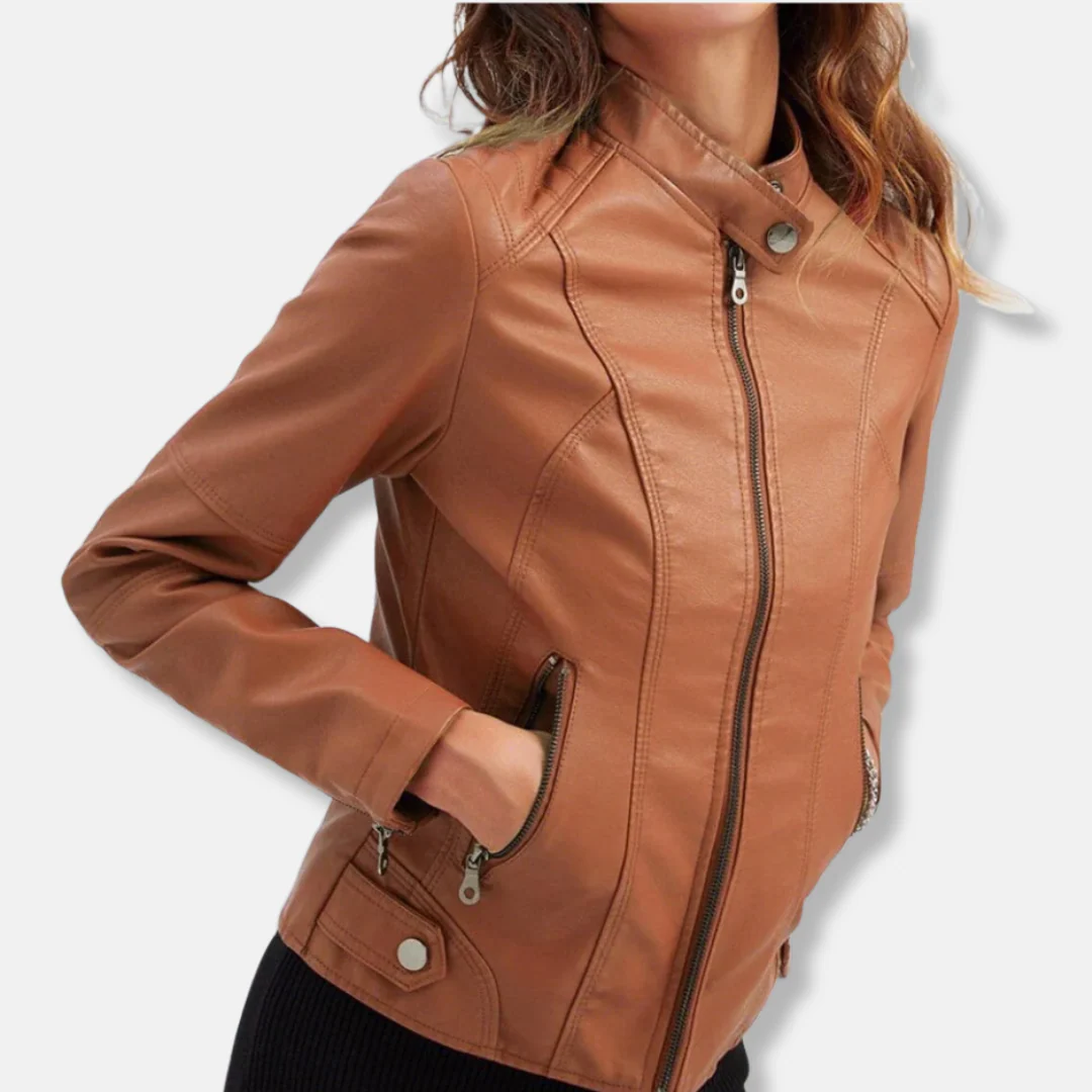 Women’s Biker Jacket – Tailored Fit – Stand Collar – Zipped Pockets – Waist Length - Image 6