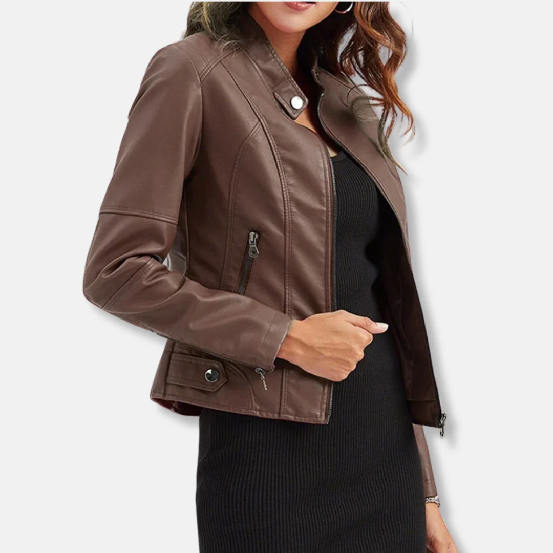 Women’s Biker Jacket – Tailored Fit – Stand Collar – Zipped Pockets – Waist Length - Image 7