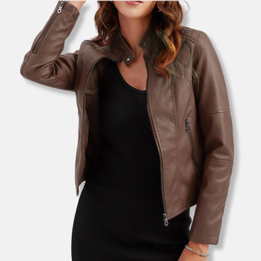 Women’s Biker Jacket – Tailored Fit – Stand Collar – Zipped Pockets – Waist Length - Image 8