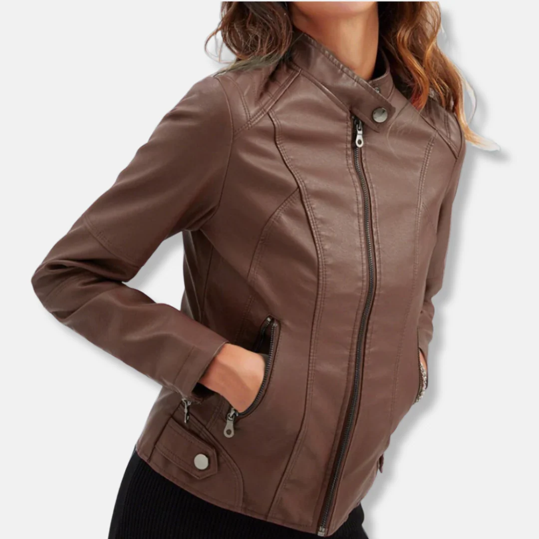 Women’s Biker Jacket – Tailored Fit – Stand Collar – Zipped Pockets – Waist Length - Image 9