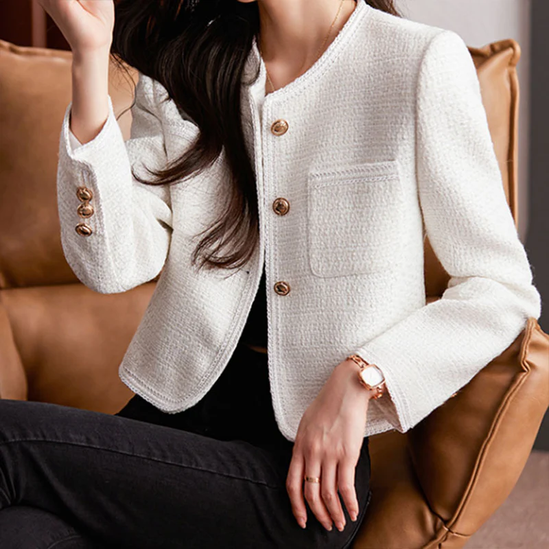 Women’s Blazer – Cropped Tailored Fit – Textured Fabric – Round Neck – Button Front - Image 2