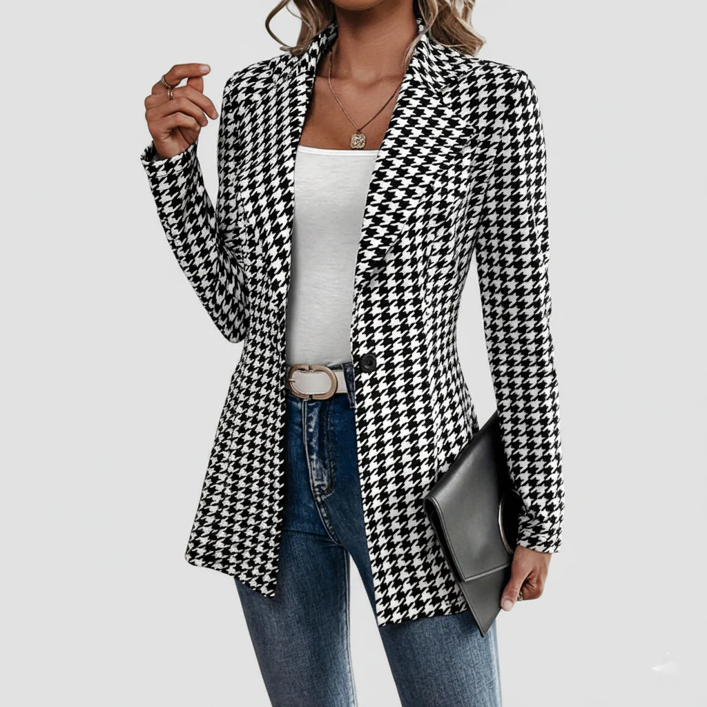 Women’s Houndstooth Blazer – Tailored Fit – Notch Lapel – Houndstooth Pattern