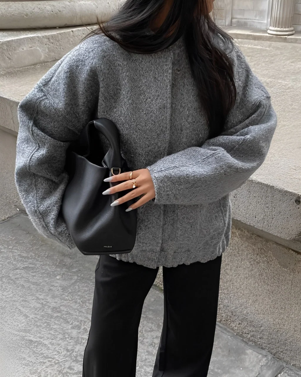 Women’s Bomber Jacket - Oversized Relaxed Fit - Textured Plush Fabric - Snap Button Closure - Image 4