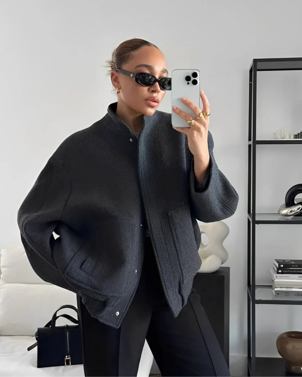 Women’s Bomber Jacket - Oversized Relaxed Fit - Textured Plush Fabric - Snap Button Closure - Image 6