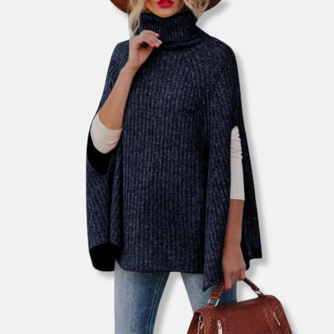 Women’s Cape Sweater – Wool Blend – Loose Fit – Turtleneck – Ribbed Knit Design - Image 3