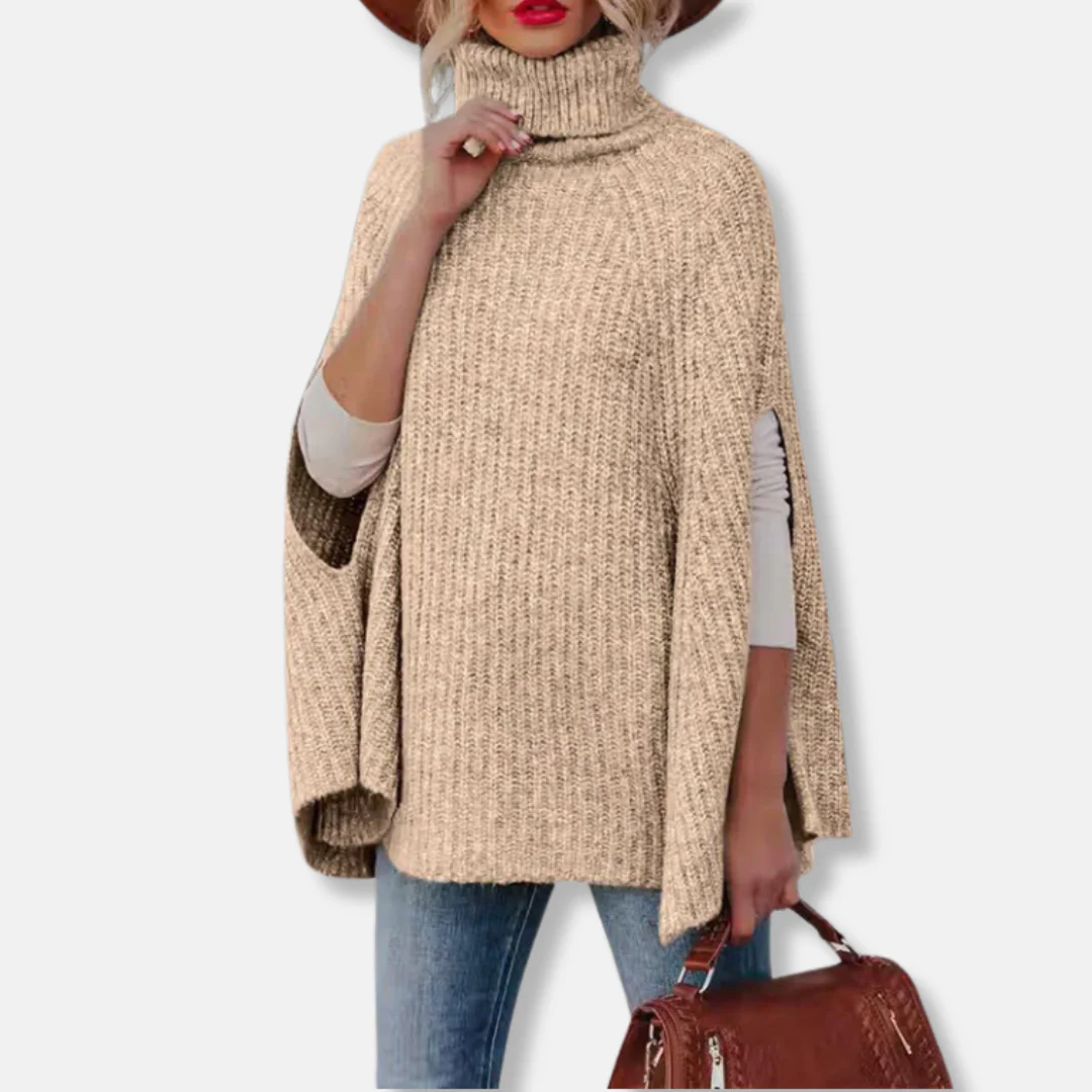 Women’s Cape Sweater – Wool Blend – Loose Fit – Turtleneck – Ribbed Knit Design - Image 4