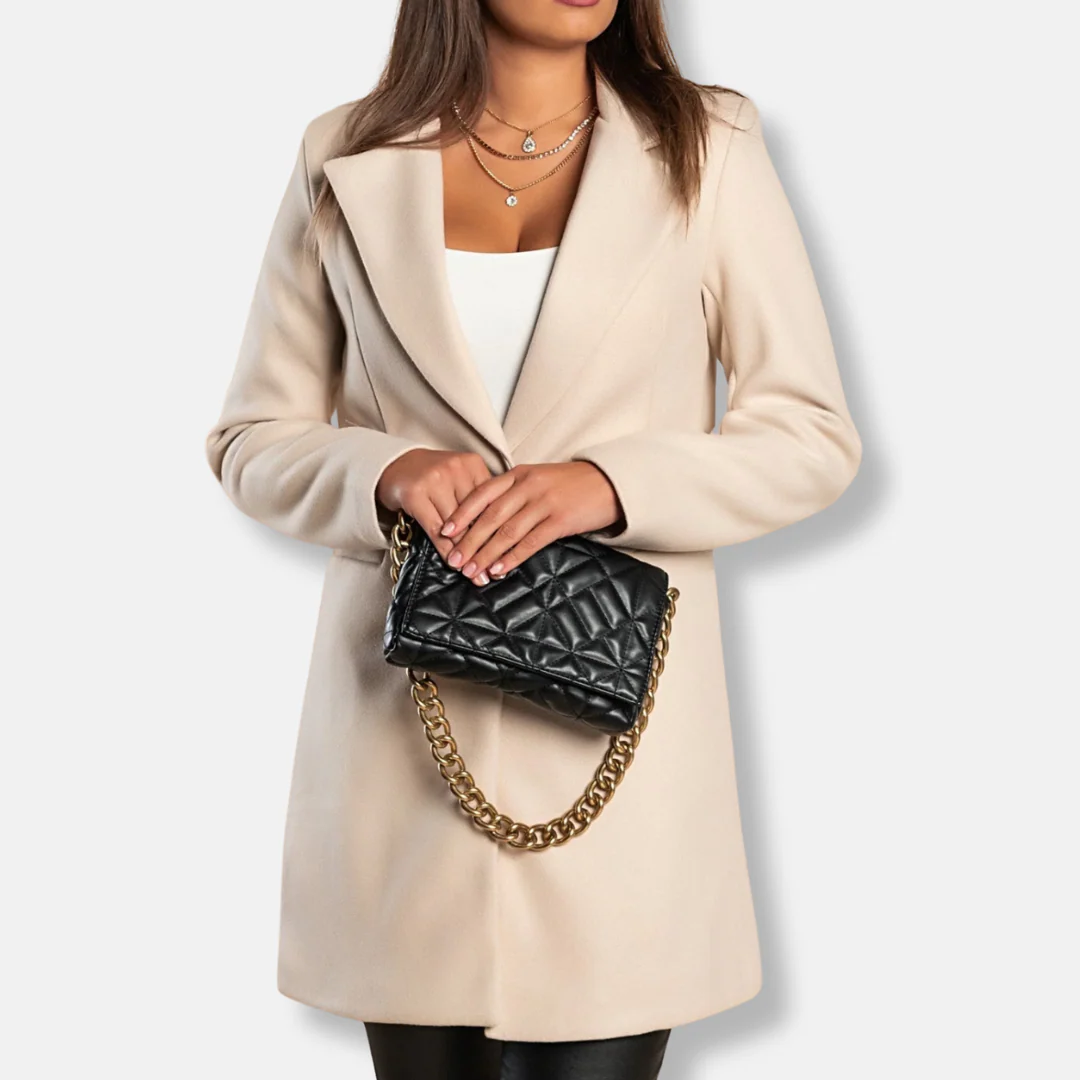 Women’s Coat – Tailored Structured Fit – Wool Blend – Mid-Thigh Length – Minimalist Lapels