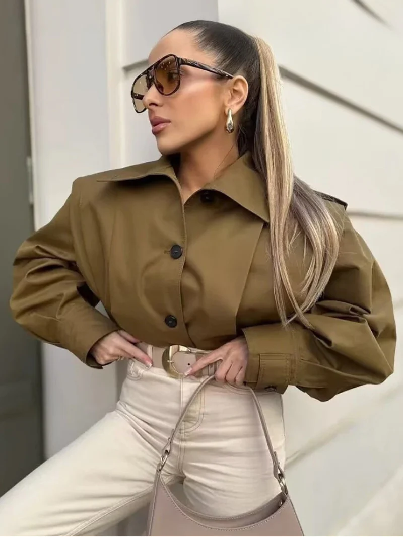 Women’s Cropped Jacket – Relaxed Fit – Structured Shoulders – Asymmetrical Front – Button Cuff