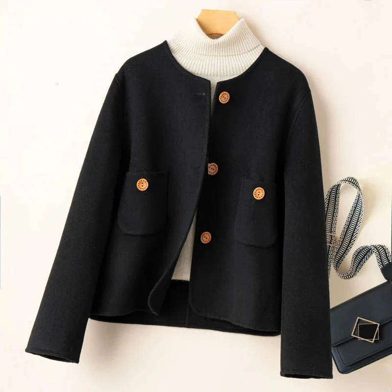 Women’s Cropped Jacket – Wool Blend – Relaxed Structured Fit – Collarless Round Neck - Image 3