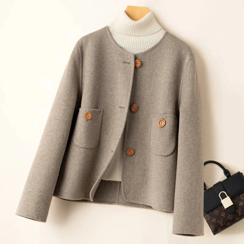 Women’s Cropped Jacket – Wool Blend – Relaxed Structured Fit – Collarless Round Neck - Image 4