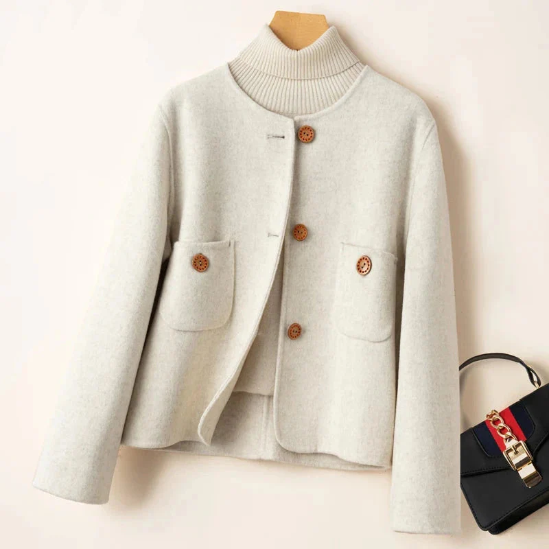 Women’s Cropped Jacket – Wool Blend – Relaxed Structured Fit – Collarless Round Neck - Image 5