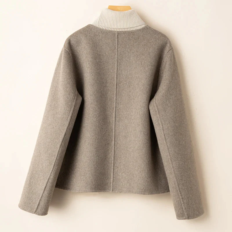 Women’s Cropped Jacket – Wool Blend – Relaxed Structured Fit – Collarless Round Neck - Image 6