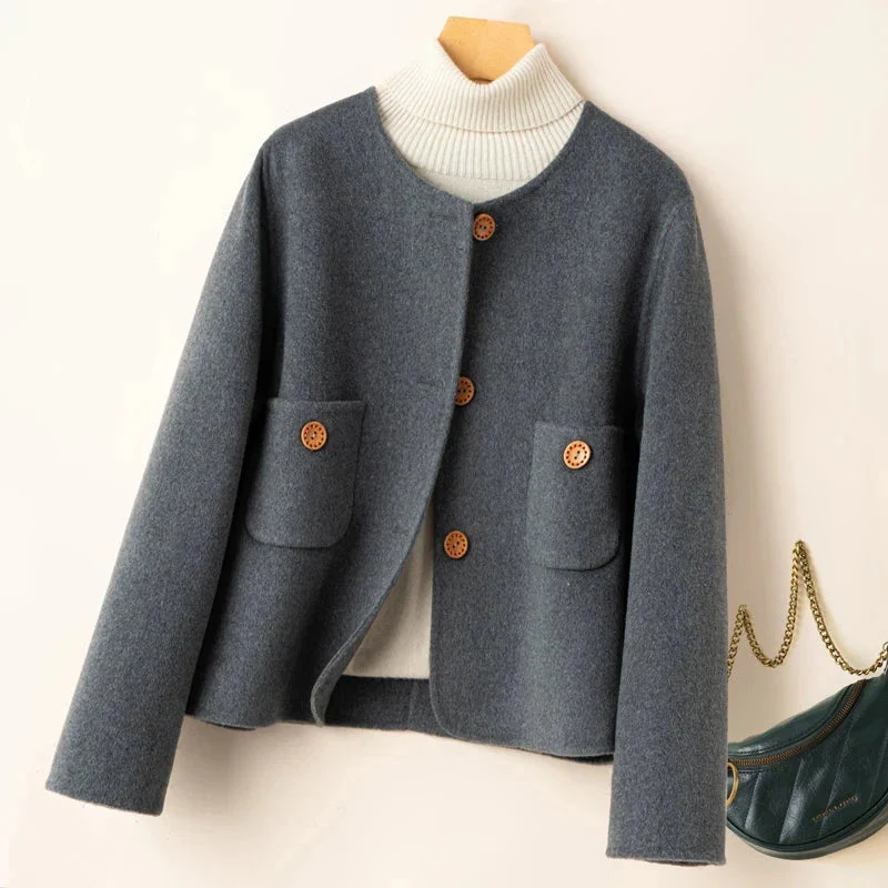 Women’s Cropped Jacket – Wool Blend – Relaxed Structured Fit – Collarless Round Neck - Image 7