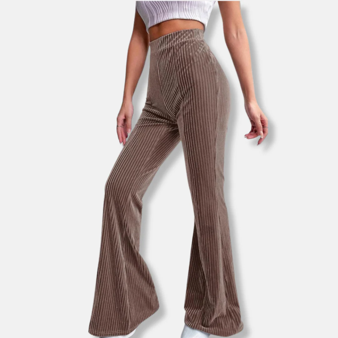 Women’s Flared Trousers – High Waist Pull-On Fit – Velour Feel – Ribbed Texture - Image 3