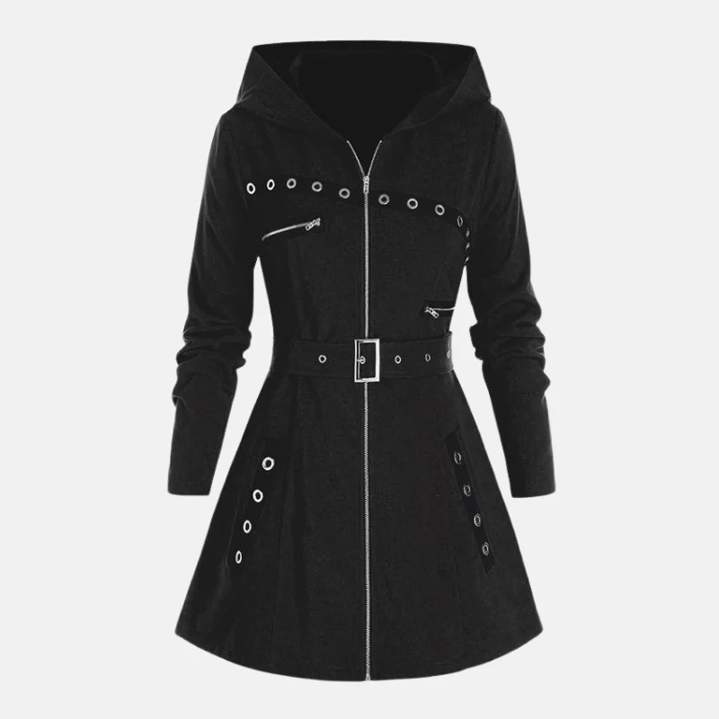 Women’s Hooded Coat – Tailored Regular Fit – Belted Waist – A-Line Flare – Silver Zips - Image 2