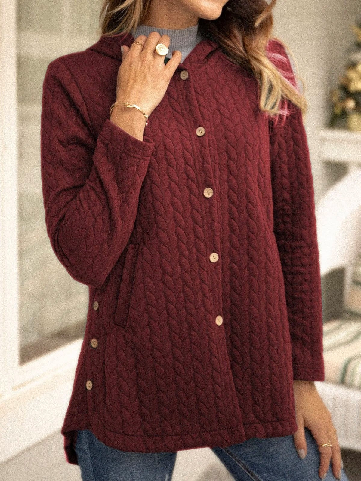 Women’s Hoodie Sweatshirt – Quilted – Relaxed Fit – Button Front – Mid Length Layer - Image 3