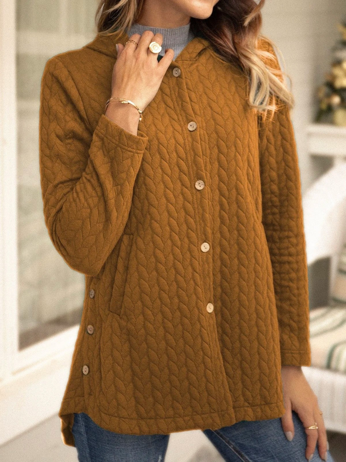 Women’s Hoodie Sweatshirt – Quilted – Relaxed Fit – Button Front – Mid Length Layer - Image 4