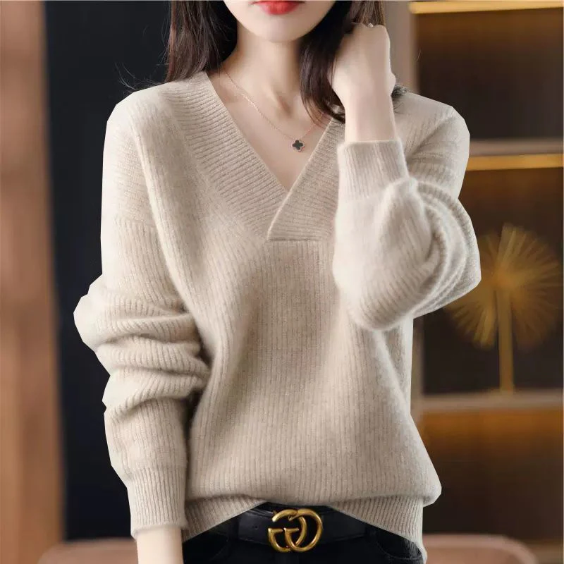 Women’s Knit Sweatshirt – Relaxed Fit – Ribbed Texture – V-Neck Long Sleeve Casual Wear - Image 6
