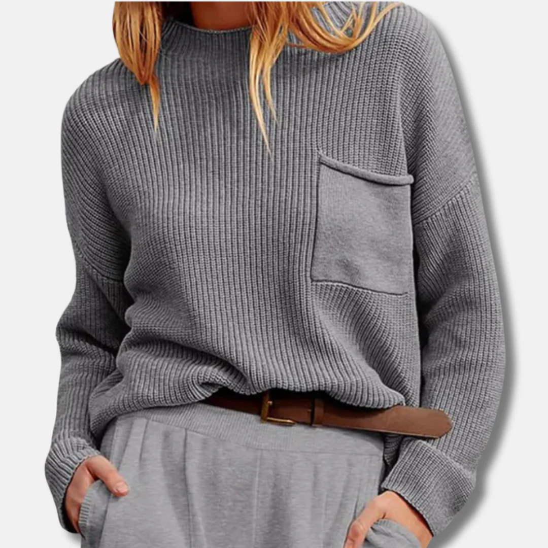 Women’s Knit Sweater – Ribbed Texture – Relaxed Fit – Round Neck – Long Sleeve – Patch Pocket - Image 3