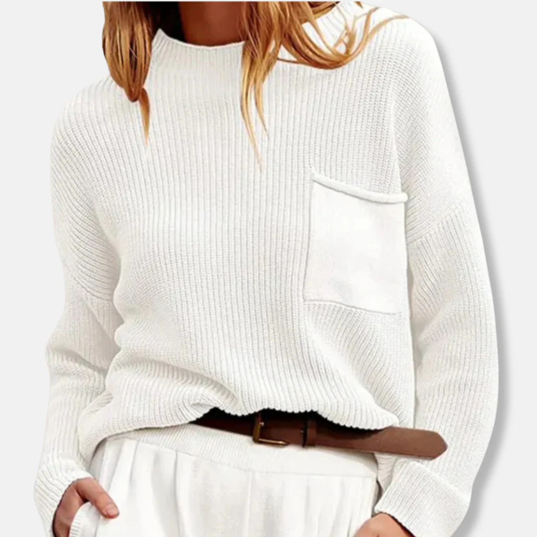 Women’s Knit Sweater – Ribbed Texture – Relaxed Fit – Round Neck – Long Sleeve – Patch Pocket - Image 4