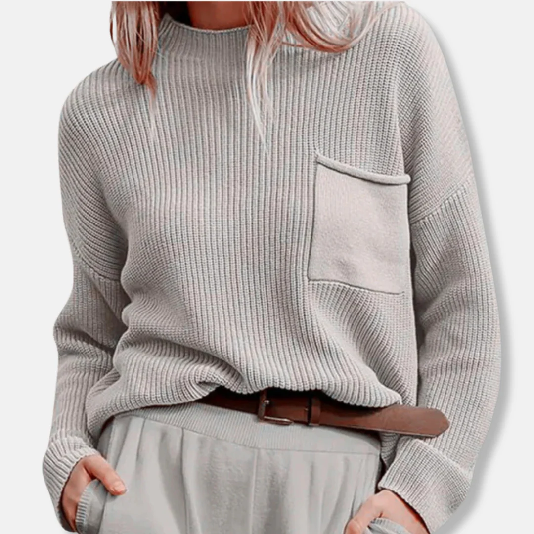 Women’s Knit Sweater – Ribbed Texture – Relaxed Fit – Round Neck – Long Sleeve – Patch Pocket - Image 5
