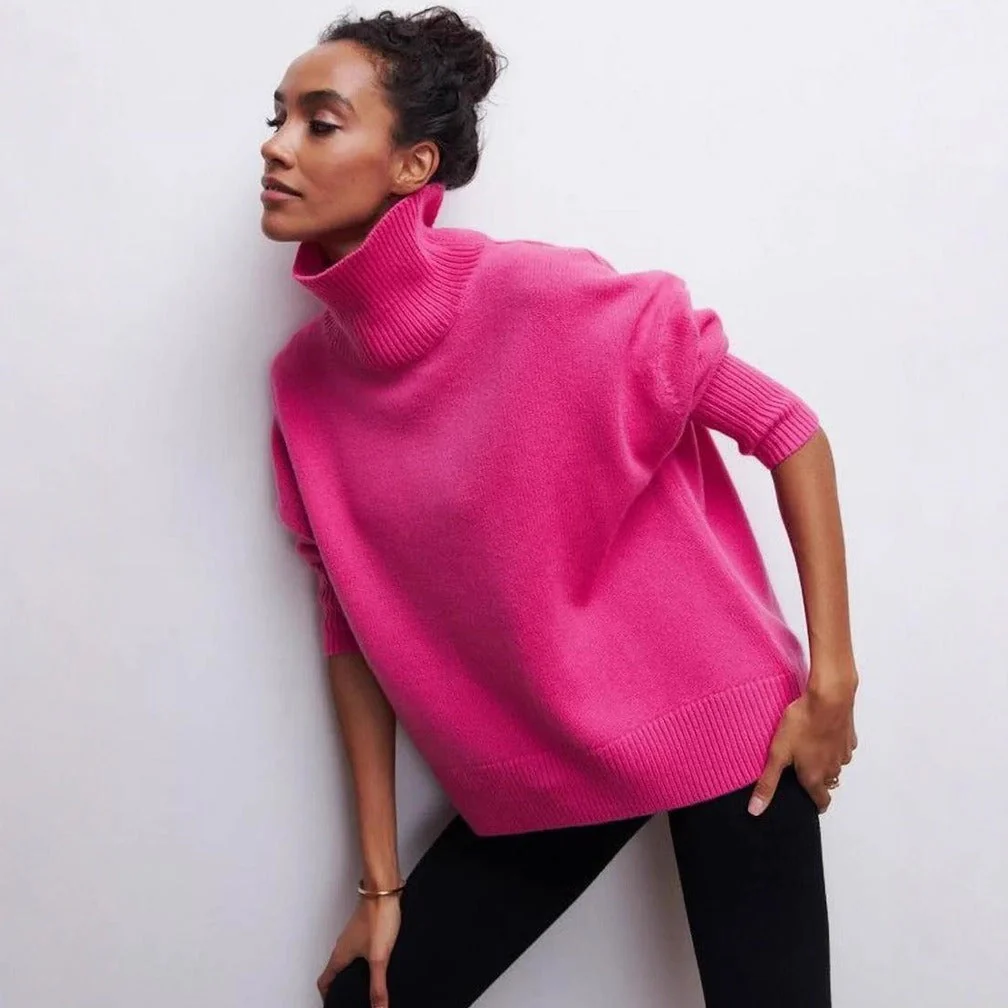 Women’s Knit Turtleneck Sweater – Oversized Fit – Wool Blend – Cropped Ribbed Hem - Image 4