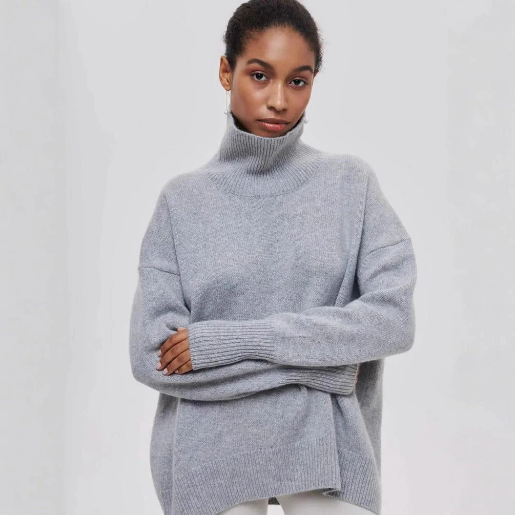 Women’s Knit Turtleneck Sweater – Oversized Fit – Wool Blend – Cropped Ribbed Hem - Image 5