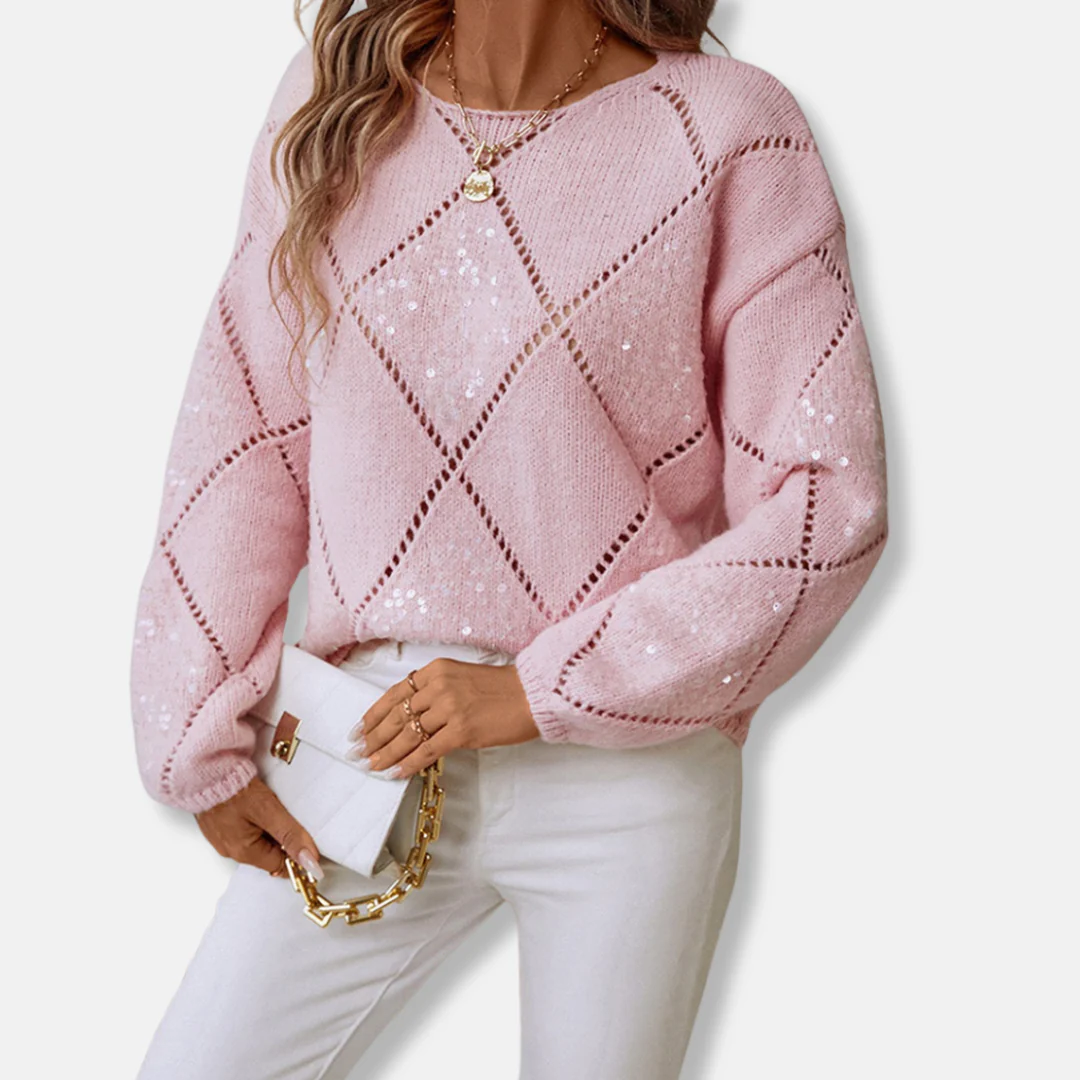 Women’s Knitted Sweatshirt – Relaxed Fit – Diamond Openwork – Sequin Embellished Sleeves - Image 3