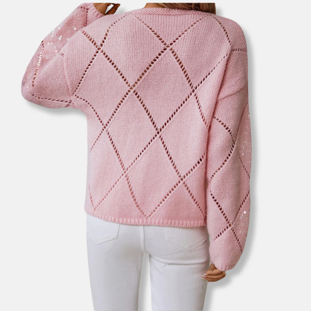 Women’s Knitted Sweatshirt – Relaxed Fit – Diamond Openwork – Sequin Embellished Sleeves - Image 4