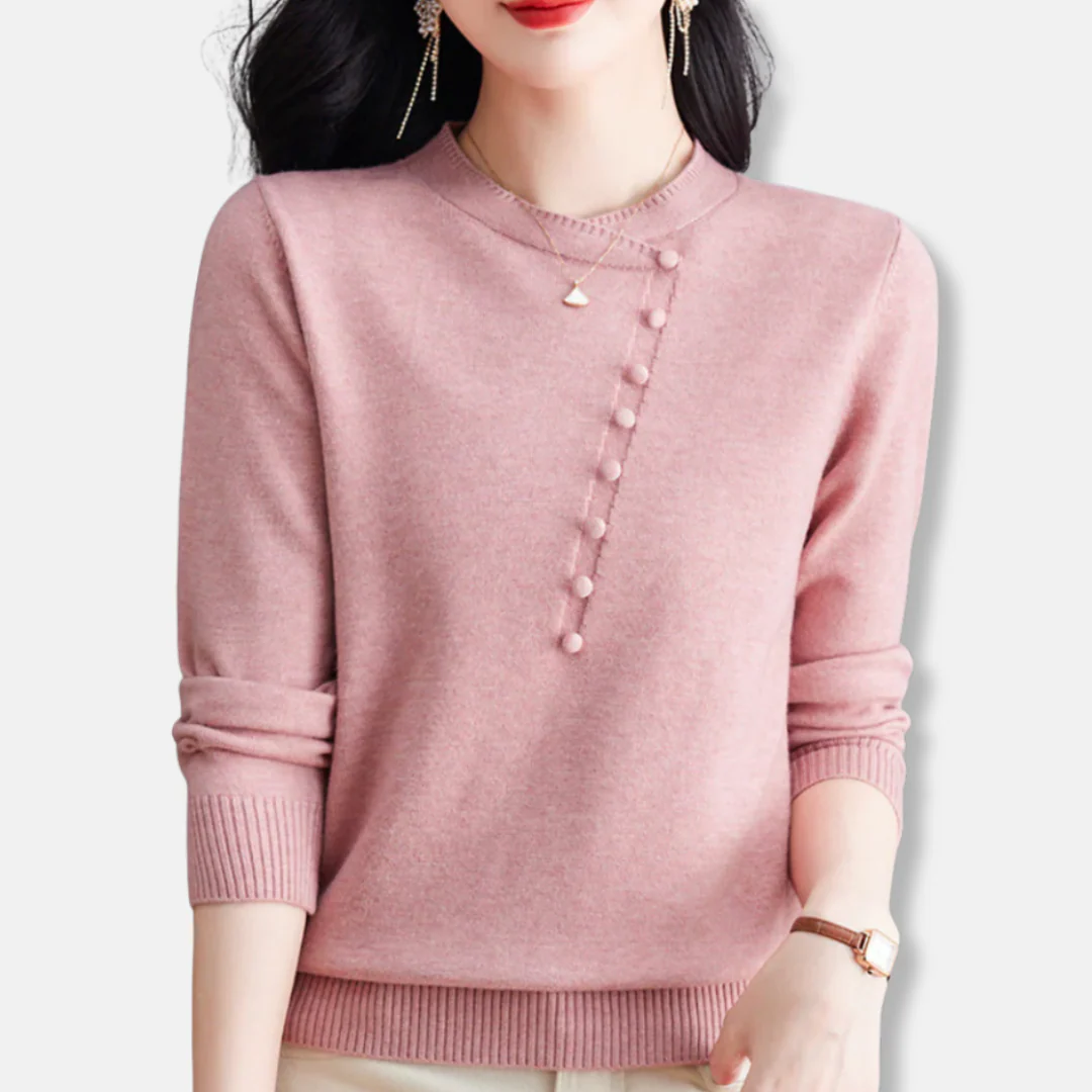 Women’s Knitted Top – Relaxed Fit – Asymmetrical Neckline – Button Detail – Ribbed Trim - Image 3
