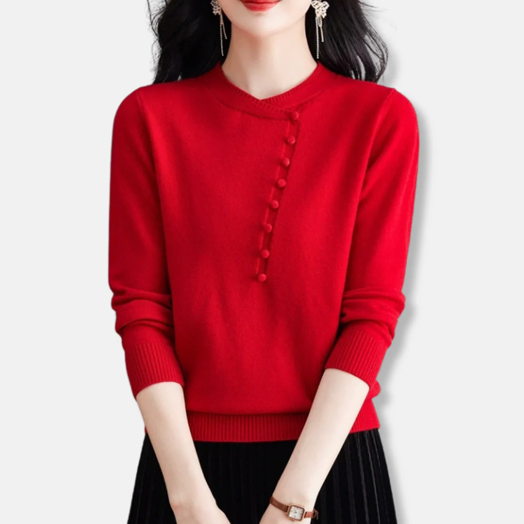 Women’s Knitted Top – Relaxed Fit – Asymmetrical Neckline – Button Detail – Ribbed Trim - Image 4